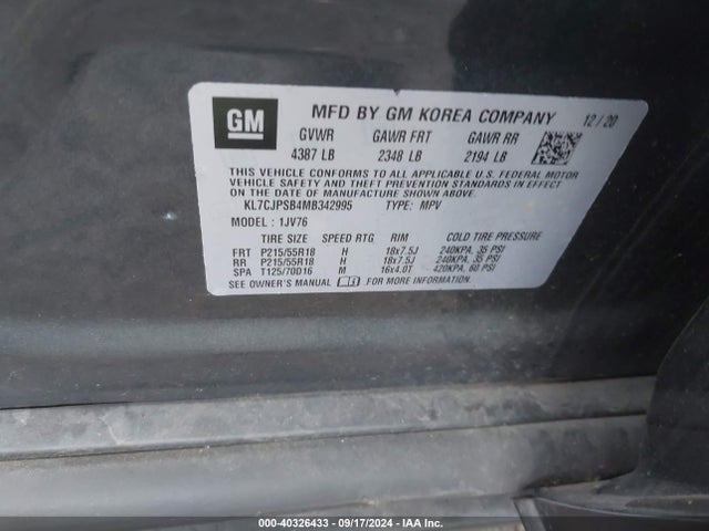 Chevrolet Trax Awd Lt 2021 KL7CJPSB4MB342995 Image 9