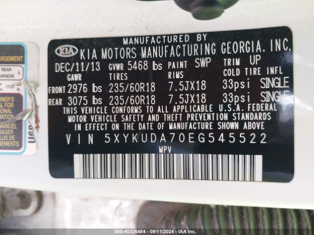 5XYKUDA70EG545522 KIA Sorento Ex V6
