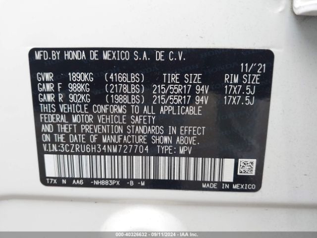 3CZRU6H34NM727704 Honda Hr-v Awd Lx