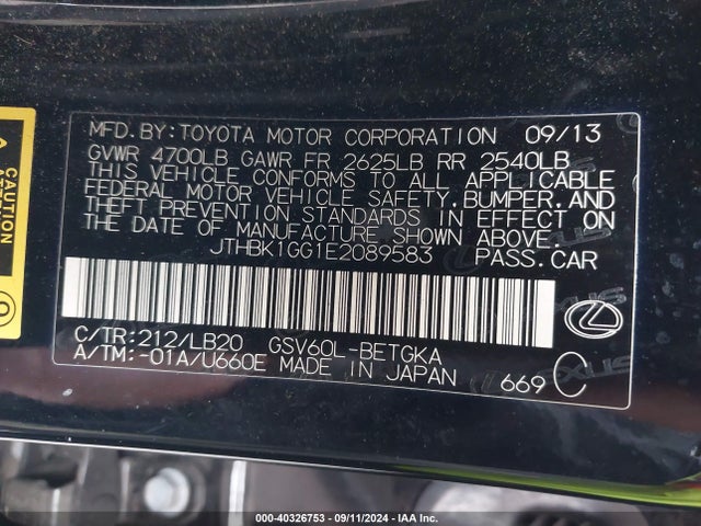 Lexus ES 350 2014 JTHBK1GG1E2089583 Image 9