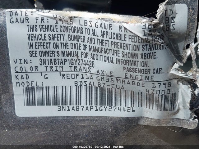 Nissan SENTRA S 2016 3N1AB7AP1GY274426 Image 9