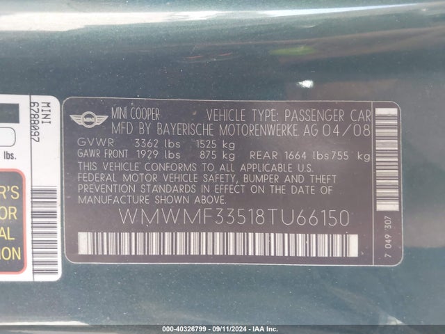 2008 MINI COOPER WMWMF33518TU66150 Photo 8