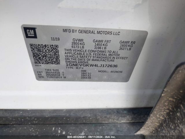 1GNEVGKW4LJ172636 Chevrolet Traverse Awd Lt Cloth