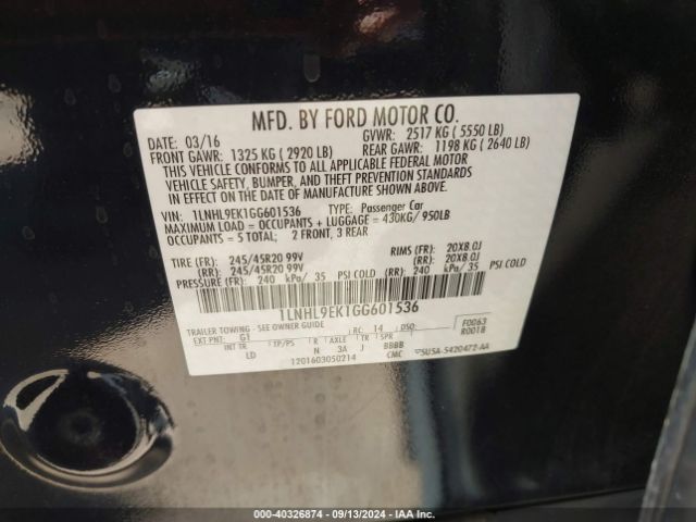 1LNHL9EK1GG601536 Lincoln MKS