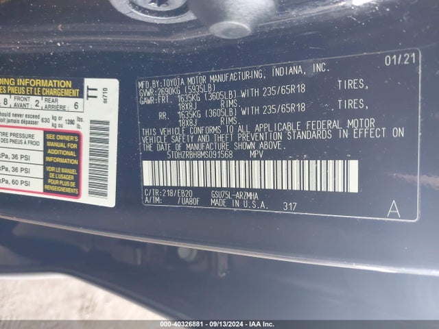 Toyota Highlander Xle 2021 5TDHZRBH8MS091568 Image 9