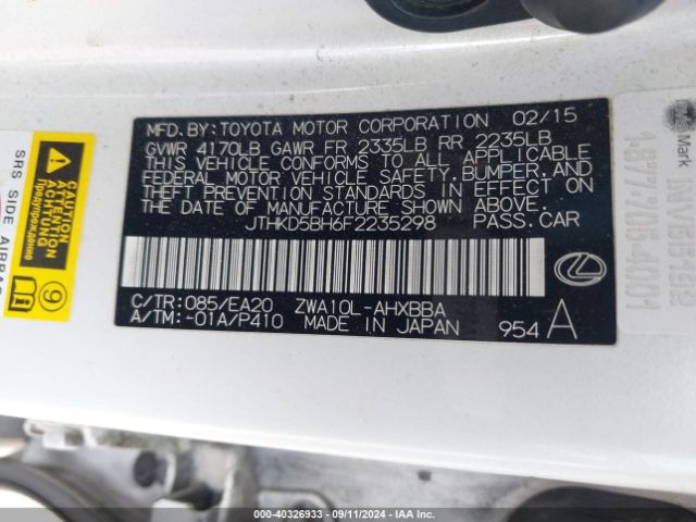 JTHKD5BH6F2235298 Lexus CT 200H