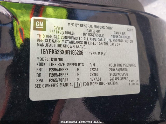 2008 CADILLAC ESCALADE 1GYFK638X8R186236 Photo 8