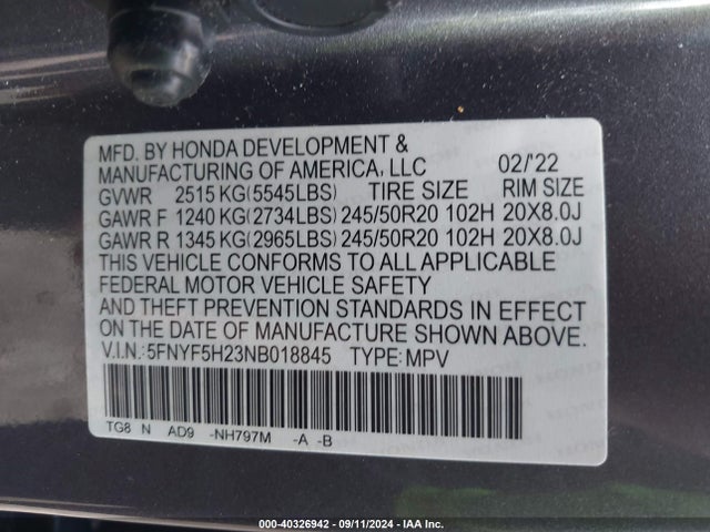 Honda Pilot 2wd Special Edition 2022 5FNYF5H23NB018845 Image 9