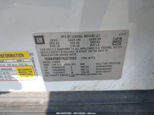 1GNKVHKD1HJ272563 Chevrolet Traverse 2lt