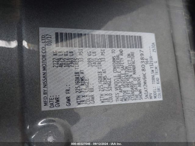 5N1AT2MV6HC803897 Nissan Rogue Sl