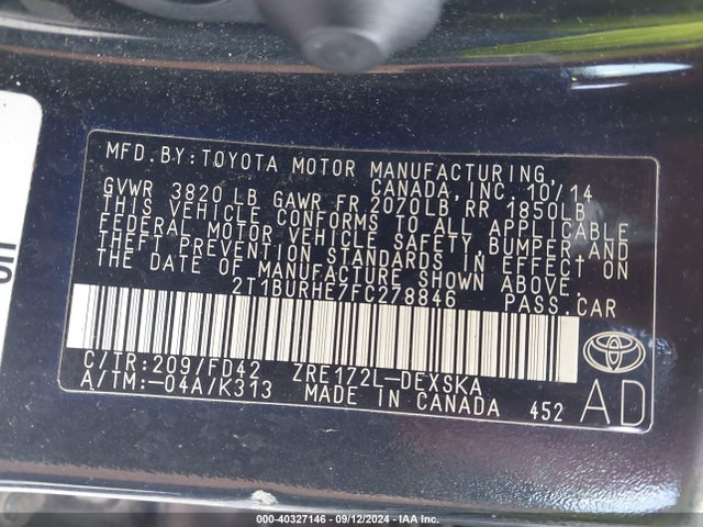 Toyota Corolla S Plus 2015 2T1BURHE7FC278846 Image 9