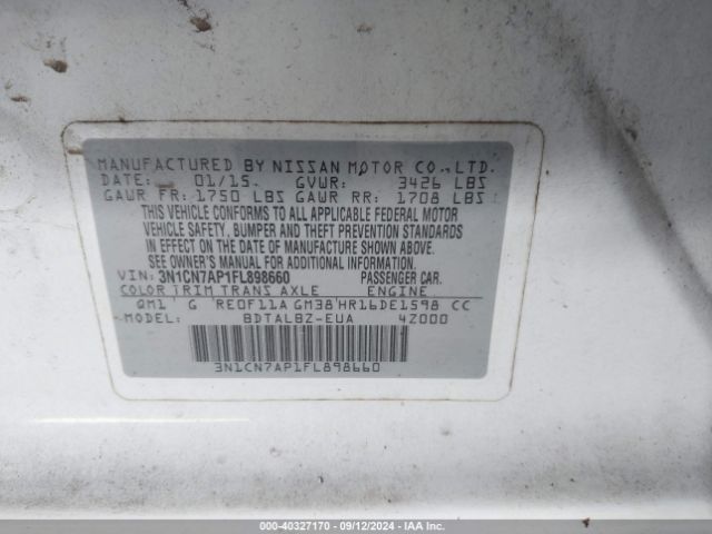 3N1CN7AP1FL898660 Nissan Versa 1.6 S/1.6 S+/1.6 Sl/1.6 Sv