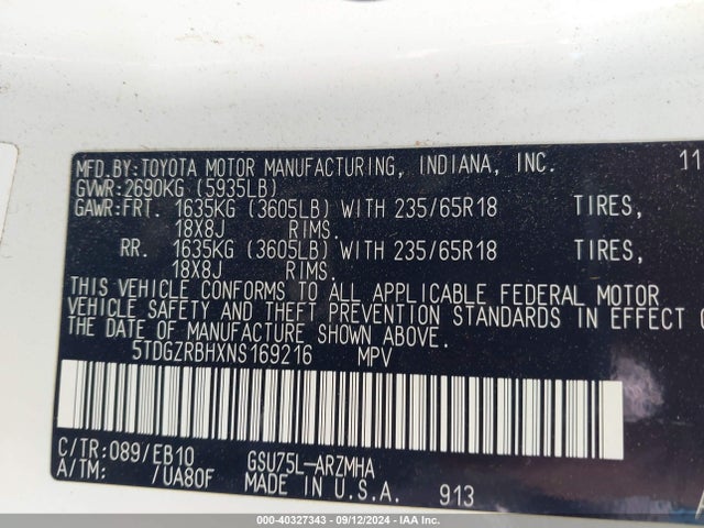 Toyota Highlander Xle 2022 5TDGZRBHXNS169216 Image 9