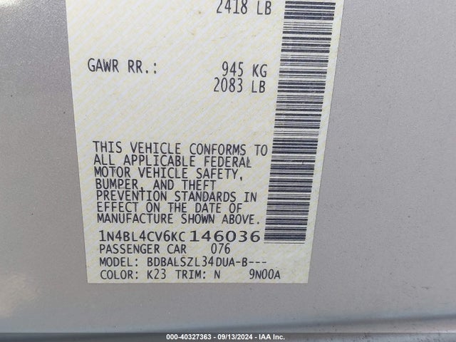 Nissan Altima 2.5 Sr 2019 1N4BL4CV6KC146036 Image 9