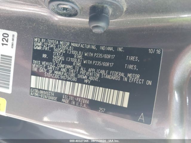 5TDYZ3DC1HS794580 Toyota Sienna Xle Premium 8 Passenger