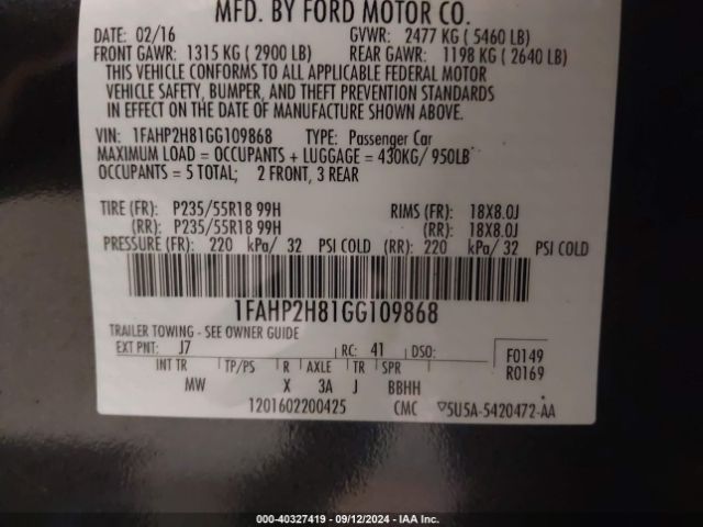 1FAHP2H81GG109868 Ford TAURUS SEL