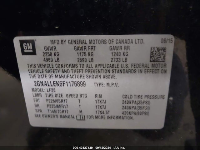 Chevrolet Equinox L 2015 2GNALLEK6F1176899 Image 9