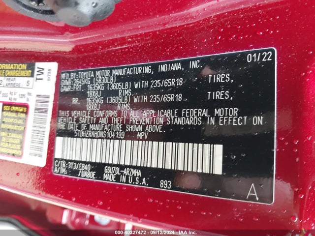 Toyota Highlander Xle 2022 5TDHZRAH0NS104199 Image 9