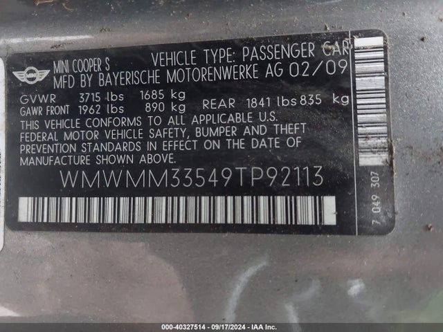 2009 MINI COOPER S CLUBMAN WMWMM33549TP92113 Photo 8