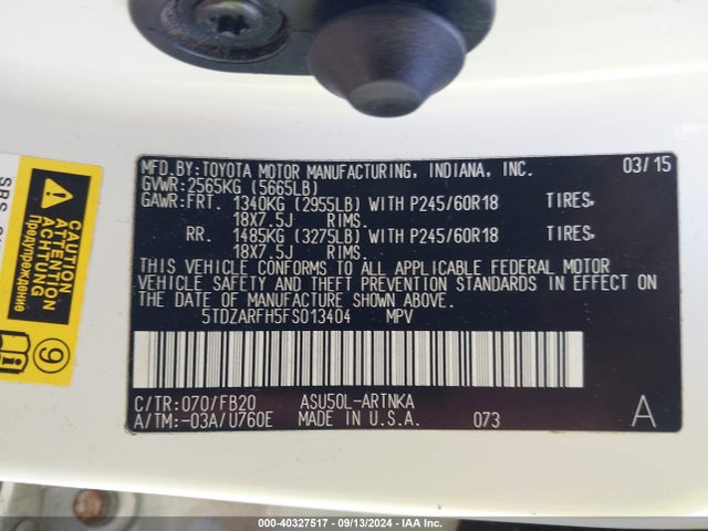 Toyota Highlander Le 2015 5TDZARFH5FS013404 Image 9