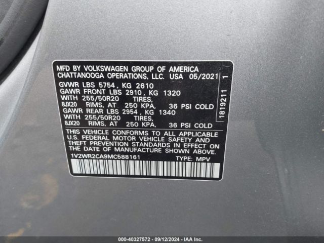 1V2WR2CA9MC588161 Volkswagen Atlas 3.6l V6 Se W/technology