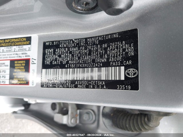 Toyota CAMRY SE 2017 4T1BF1FKXHU373424 Image 9