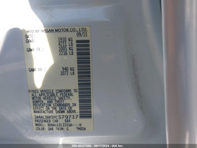 Nissan Altima 2.5 S 2015 1N4AL3AP3FC579717 Image 9