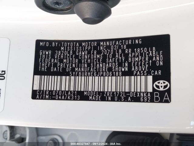 5YFBURHE6JP806188 Toyota Corolla Xle