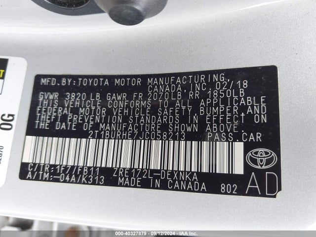 Toyota COROLLA LE 2018 2T1BURHE7JC058213 Image 9