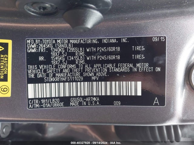 Toyota Highlander Xle V6 2015 5TDKKRFH4FS111029 Image 9