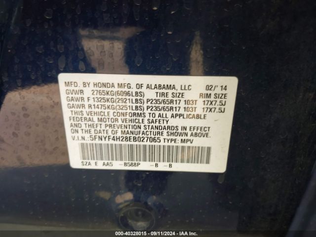 5FNYF4H28EB027065 Honda PILOT LX