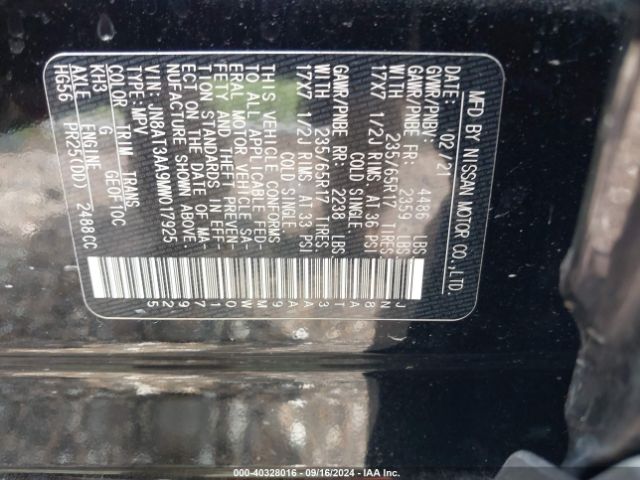 JN8AT3AA9MW017925 Nissan Rogue S Fwd