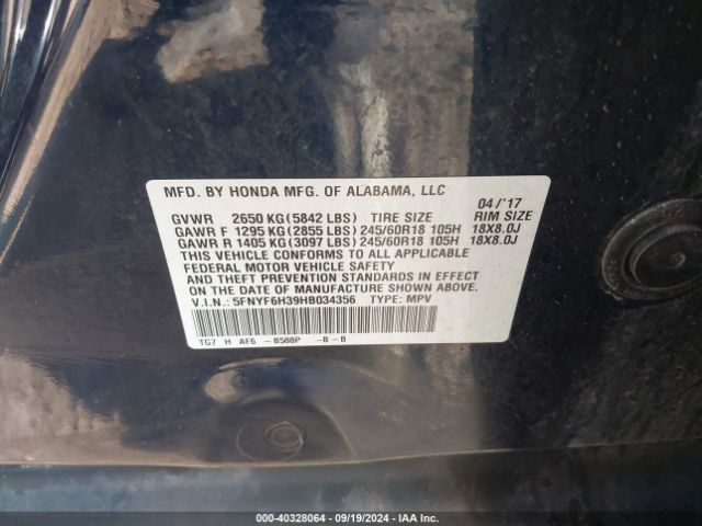 5FNYF6H39HB034356 Honda Pilot Ex