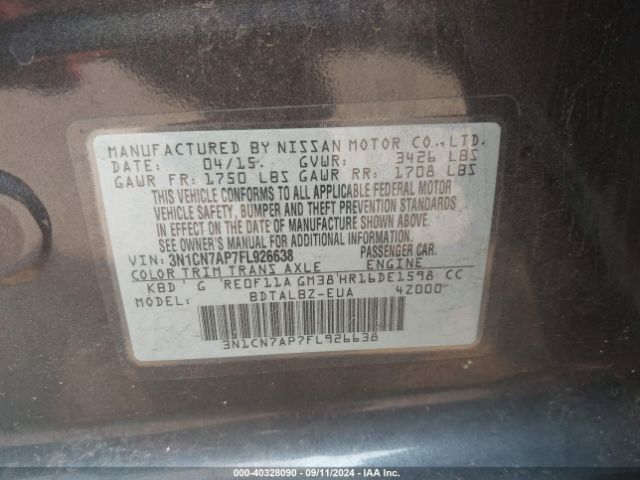 3N1CN7AP7FL926638 Nissan Versa 1.6 Sv