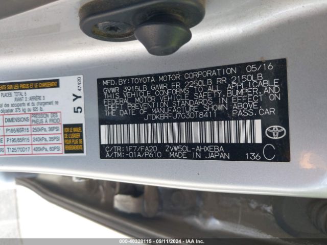 JTDKBRFU7G3018411 Toyota Prius Two
