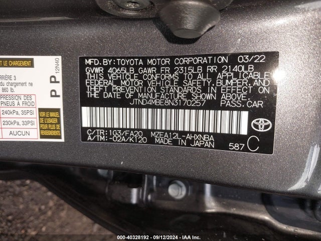 Toyota COROLLA SE 2022 JTND4MBE8N3170257 Image 9