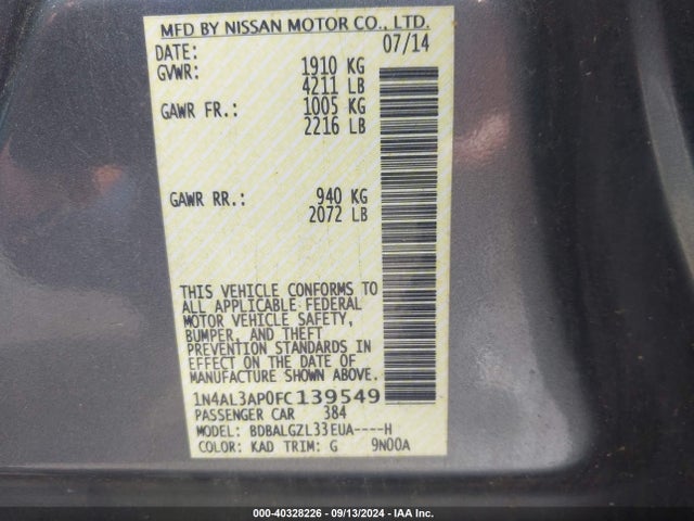 Nissan Altima 2.5 S 2015 1N4AL3AP0FC139549 Image 9