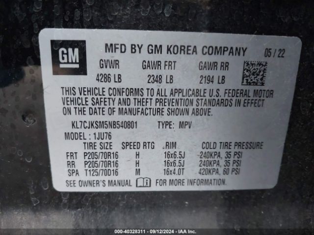 KL7CJKSM5NB540801 Chevrolet Trax Fwd Ls