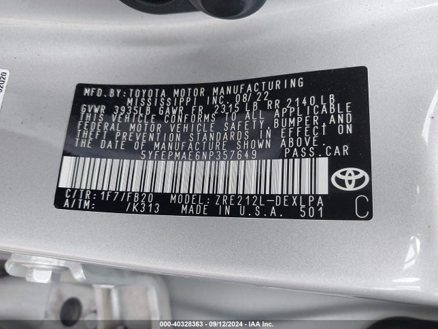 Toyota COROLLA LE 2022 5YFEPMAE6NP357649 Image 9