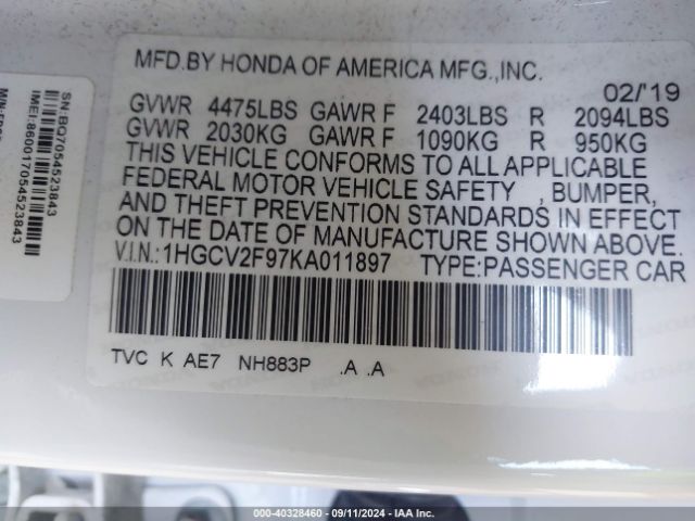 1HGCV2F97KA011897 Honda Accord Touring 2.0t