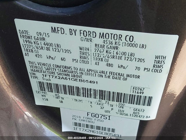 Ford F-250 Lariat 2016 1FT7X2A61GEB05491 Image 9