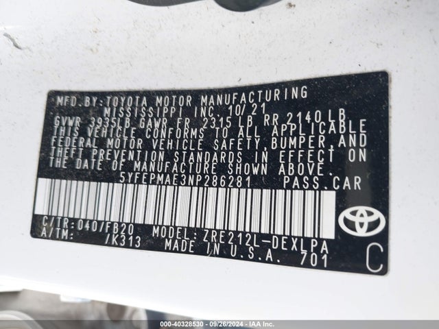 Toyota COROLLA LE 2022 5YFEPMAE3NP286281 Image 9