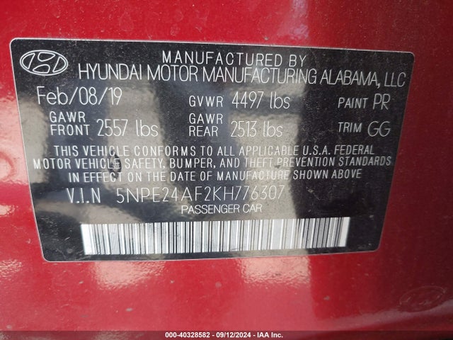 Hyundai SONATA SE 2019 5NPE24AF2KH776307 Image 9