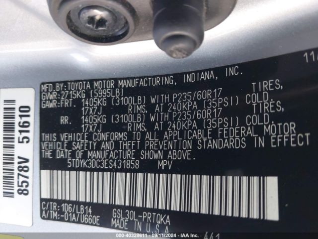 5TDYK3DC3ES431858 Toyota Sienna Xle V6 8 Passenger