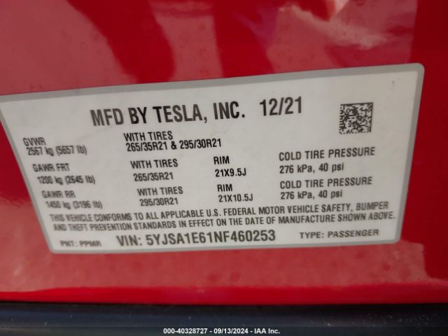 5YJSA1E61NF460253 Tesla Model S Plaid Tri Motor All-wheel Drive