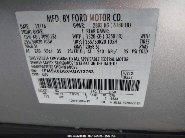 Ford EXPLORER XLT 2019 1FM5K8D8XKGA73753 Image 9
