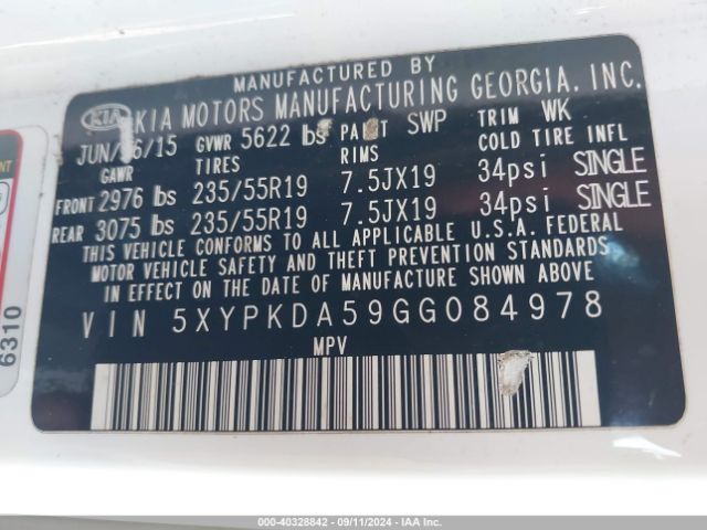 5XYPKDA59GG084978 KIA Sorento 3.3l Sxl