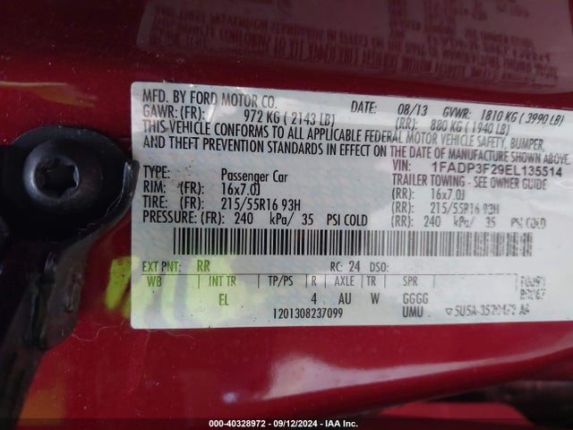 Ford FOCUS SE 2014 1FADP3F29EL135514 Image 9