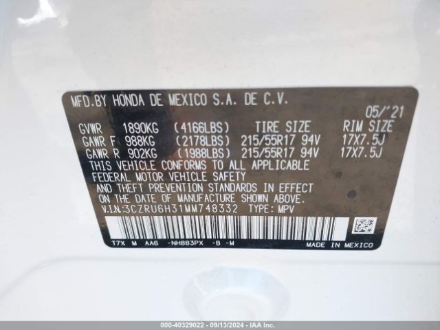 3CZRU6H31MM748332 Honda Hr-v Awd Lx