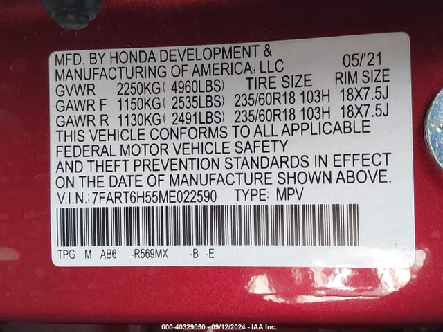 Honda Cr-v Hybrid Ex 2021 7FART6H55ME022590 Image 9